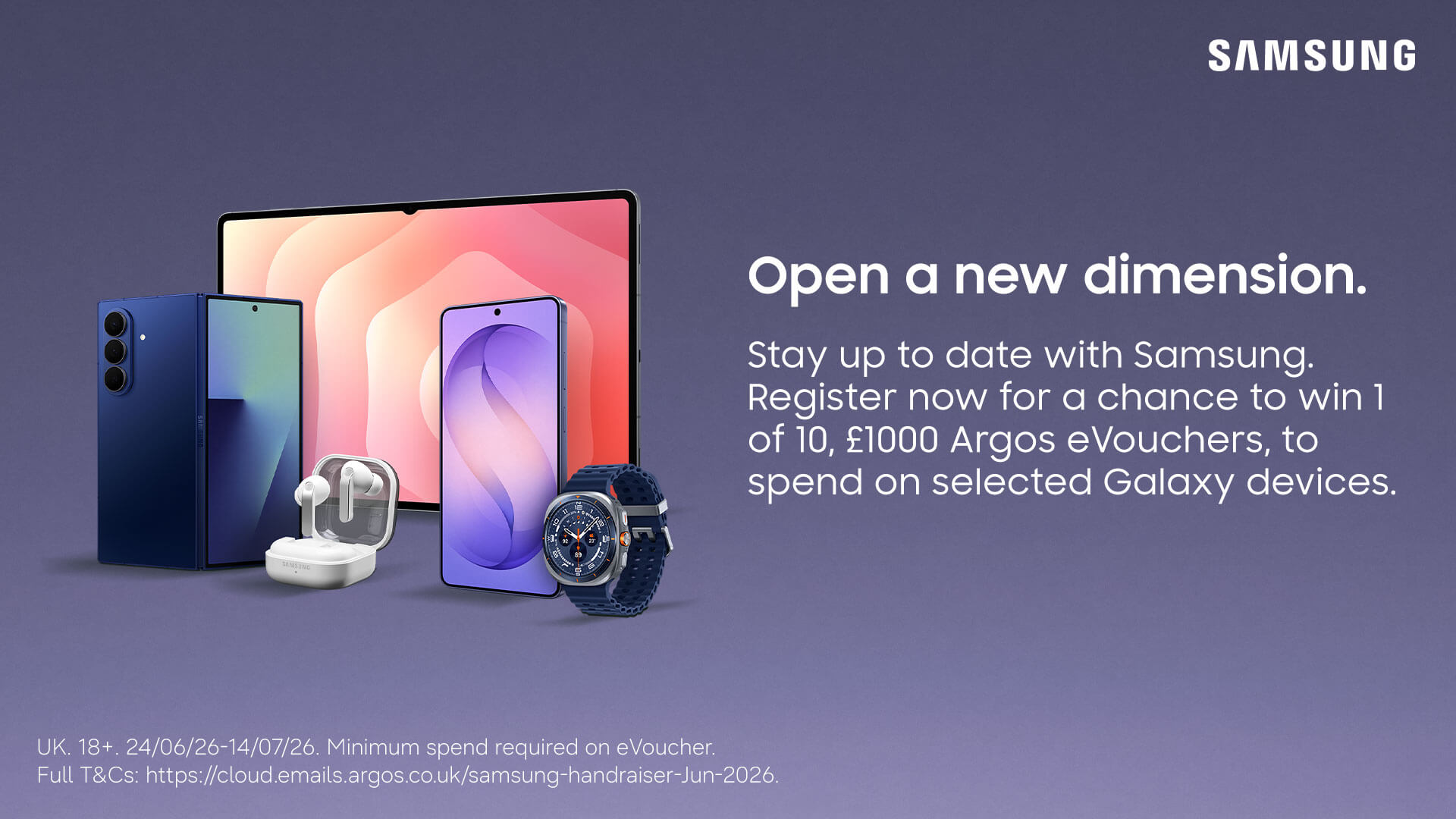 Image depicting various Samsung prooducts including monitor, phones, earbuds and a watch.
