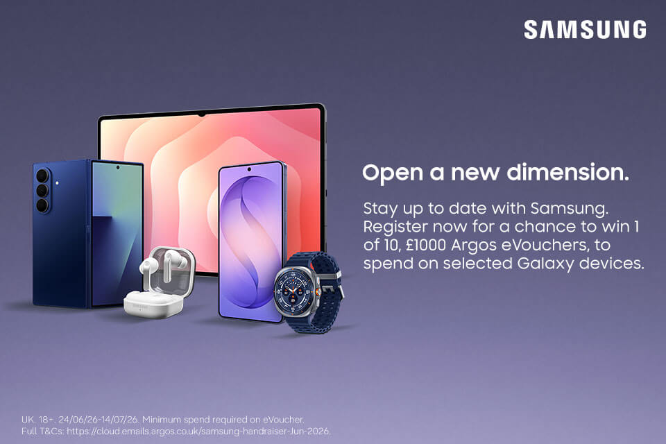 Image depicting various Samsung prooducts including monitor, phones, earbuds and a watch.